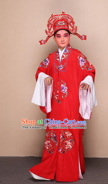 Traditional Chinese Beijing Opera Lang Scholar Dress Clothing and Boots Complete Set, China Peking Opera Young Man Costume Bridegroom Embroidered Robe Opera Costumes