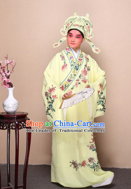 Traditional Chinese Beijing Opera Niche Yellow Dress Clothing Complete Set, China Peking Opera Young Man Costume Embroidered Chrysanthemum Robe Opera Costumes