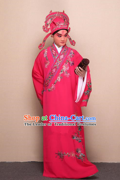 Traditional Chinese Beijing Opera Niche Rosy Dress Clothing Complete Set, China Peking Opera Young Man Costume Embroidered Chrysanthemum Robe Opera Costumes