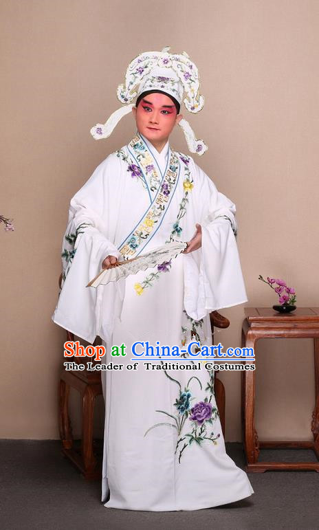 Traditional Chinese Beijing Opera Niche White Dress Clothing and Boots Fan Complete Set, China Peking Opera Gifted Youth Man Costume Embroidered Robe Opera Costumes
