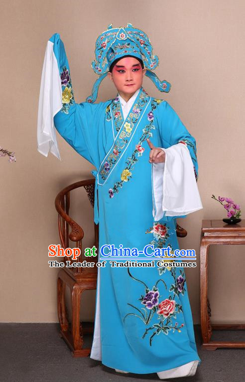 Traditional Chinese Beijing Opera Niche Blue Dress Clothing and Boots Fan Complete Set, China Peking Opera Gifted Youth Man Costume Embroidered Robe Opera Costumes