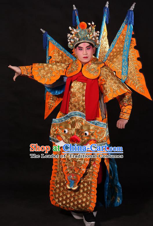 Traditional Chinese Beijing Opera Military Officer Armour Yellow Clothing and Boots Complete Set, China Peking Opera Martial General Role Costume Embroidered Opera Tiger Head Costumes