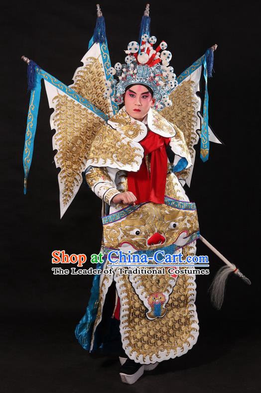 Traditional Chinese Beijing Opera Military Officer Armour White Clothing and Boots Complete Set, China Peking Opera Martial General Role Costume Embroidered Opera Tiger Head Costumes