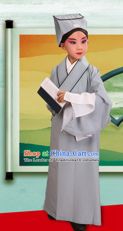 Traditional Chinese Beijing Opera Children Scholar Grey Clothing and Headwear Shoes Complete Set, China Peking Opera Young Man Costume Xu Xian Robe Opera Costumes for Kids