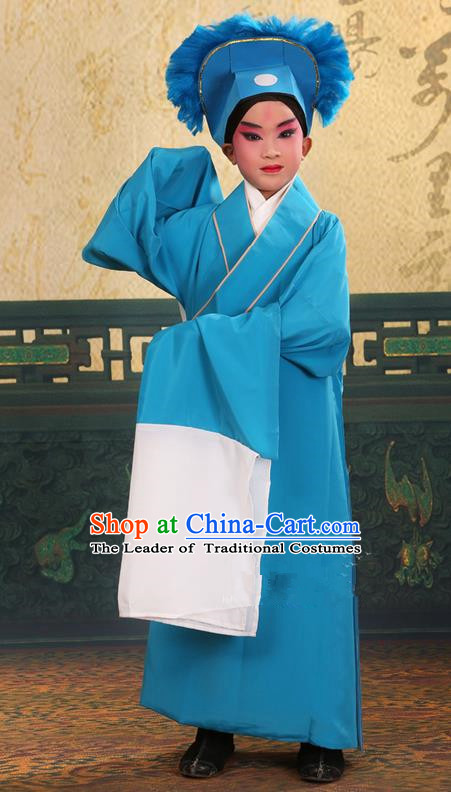 Traditional Chinese Beijing Opera Children Scholar Blue Clothing and Headwear Shoes Complete Set, China Peking Opera Young Man Costume Xu Xian Robe Opera Costumes for Kids