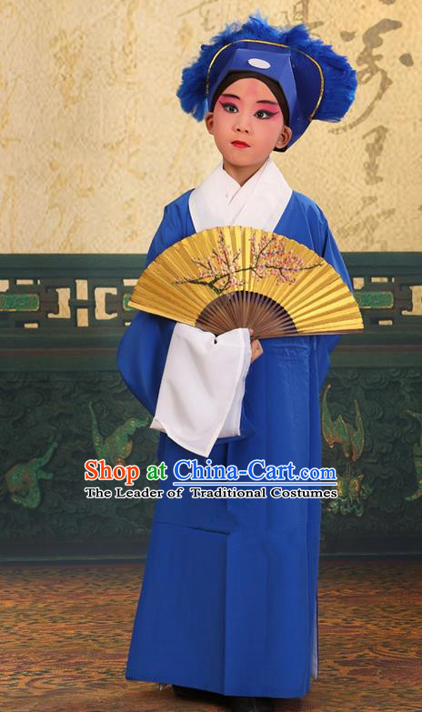 Traditional Chinese Beijing Opera Children Scholar Deep Blue Clothing and Headwear Shoes Complete Set, China Peking Opera Young Man Costume Xu Xian Robe Opera Costumes for Kids