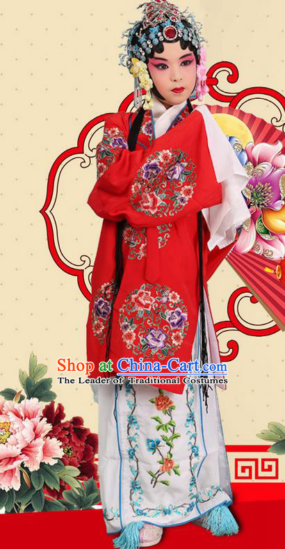 Traditional Chinese Beijing Opera Young Female Red Clothing and Headwear Shoes Complete Set, China Peking Opera Diva Role Hua Tan Costume Mu Guiying Embroidered Opera Costumes for Kids