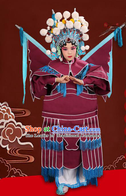 Traditional Chinese Beijing Opera Magic Warriors Purple Red Clothing and Flagpole Shoes Complete Set, China Peking Opera Blues Costume Embroidered Robe Opera Costumes for Kids
