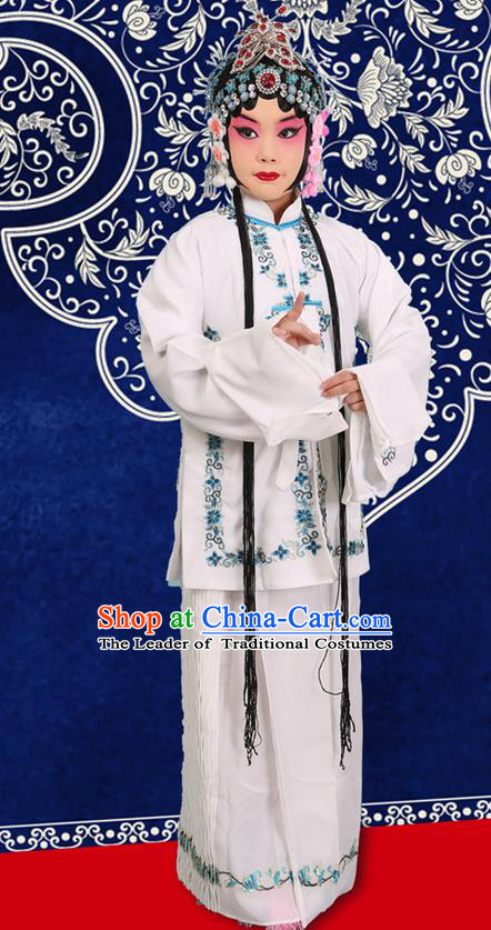 Traditional Chinese Beijing Opera Qingyi Role White Clothing and Headwear Shoes Complete Set, China Peking Opera Diva Role Hua Tan Costume Embroidered Opera Costumes for Kids