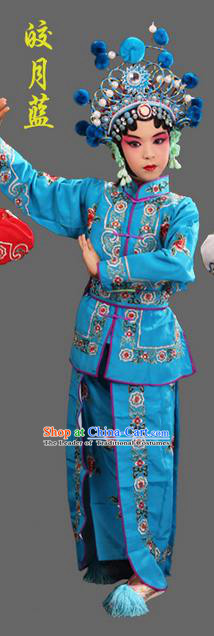 Traditional Chinese Beijing Opera Magic Warriors Blue Clothing and Shoes Complete Set, China Peking Opera Women Pawn Dress Costume Embroidered Opera Costumes for Kids