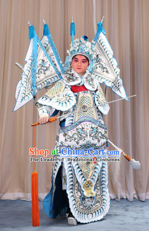 Traditional Chinese Beijing Opera Takefu Green Armour White Clothing and Boots Complete Set, China Peking Opera Martial General Role Costume Embroidered Opera Costumes
