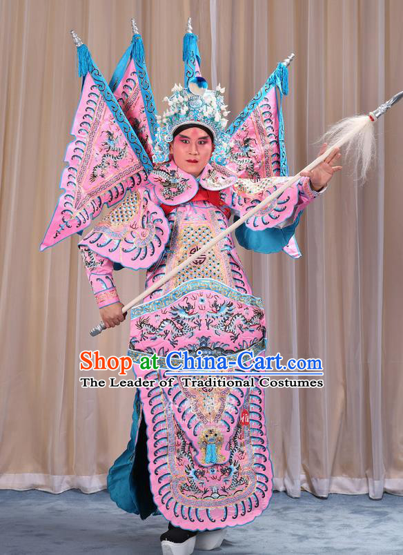Traditional Chinese Beijing Opera Takefu Green Armour Pink Clothing and Boots Complete Set, China Peking Opera Martial General Role Costume Embroidered Opera Costumes