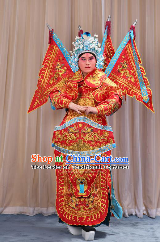 Traditional Chinese Beijing Opera Military Officer Red Armour Blue Clothing and Boots Complete Set, China Peking Opera Martial General Role Costume Embroidered Opera Costumes