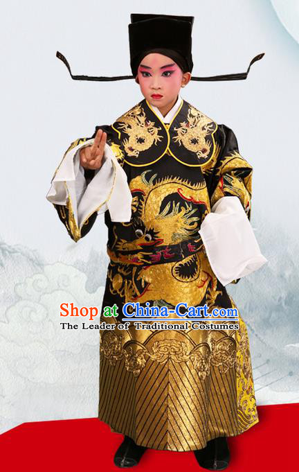 Traditional Chinese Beijing Opera Male Black Clothing and Headwear Boots Complete Set, China Peking Opera Bao Zheng Costume Embroidered Robe Opera Costumes for Kids