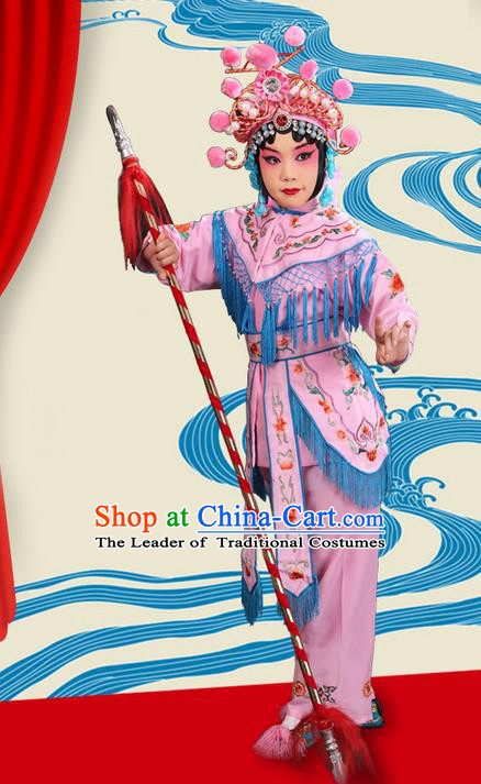 Traditional Chinese Beijing Opera Magic Warriors Pink Clothing and Headwear Shoes Complete Set, China Peking Opera Women Pawn Dress Costume Embroidered Opera Costumes for Kids