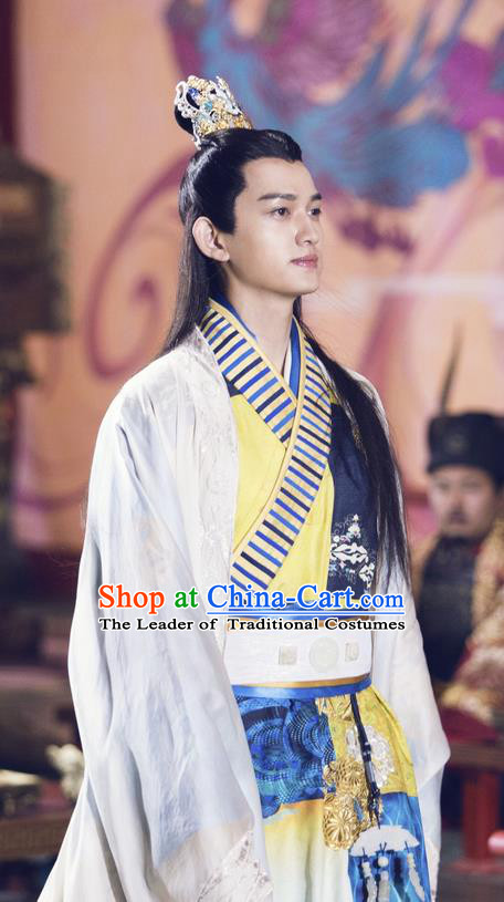 Traditional Chinese Ancient Warring States Time Imperial Prince Costume, Song of Phoenix Chu Dynasty Qu Yuan Clothing and Handmade Headpiece Complete Set for Men