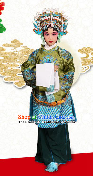 Traditional Chinese Beijing Opera Old Woman Blue Clothing and Phoenix Headwear Shoes Complete Set, China Peking Opera Pantaloon Costume Embroidered Opera Costumes for Kids
