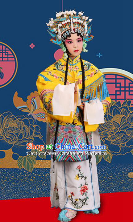 Traditional Chinese Beijing Opera Imperial Empress Clothing and Phoenix Headwear Shoes Complete Set, China Peking Opera Imperial Consort Costume Embroidered Opera Costumes for Kids