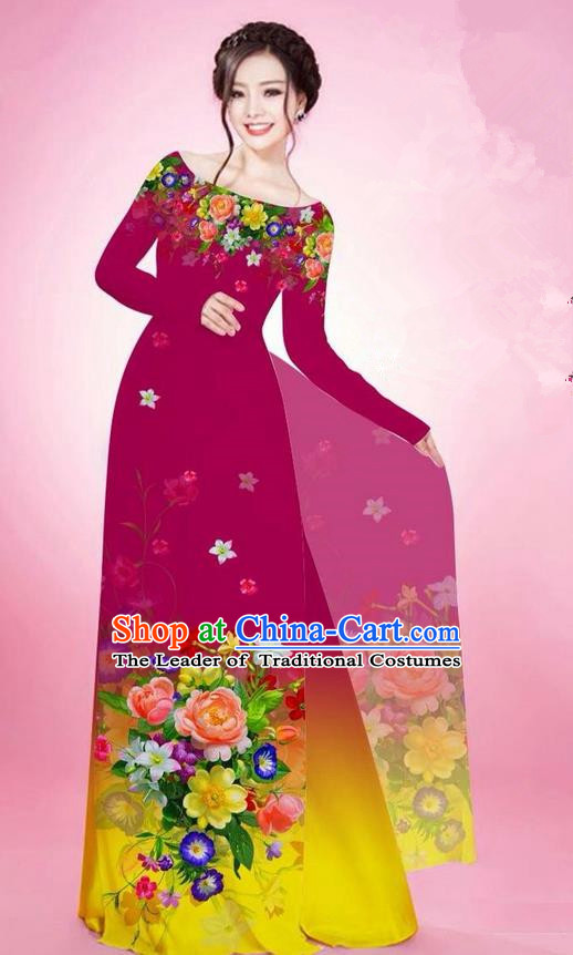 Traditional Top Grade Asian Vietnamese Ha Festival Printing Flowers Wine Red Ao Dai Dress, Vietnam National Jing Nationality Off Shoulder Cheongsam Costumes for Women