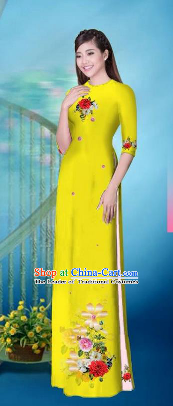 Traditional Top Grade Asian Vietnamese Ha Festival Printing Model Ao Dai Dress, Vietnam National Jing Nationality Princess Yellow Cheongsam Costumes for Women