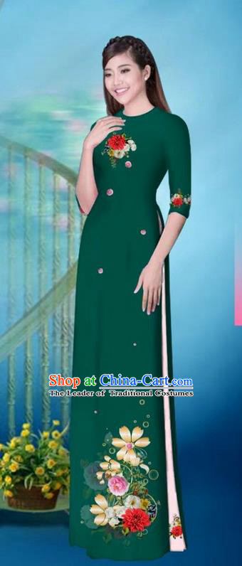 Traditional Top Grade Asian Vietnamese Ha Festival Printing Model Ao Dai Dress, Vietnam National Jing Nationality Princess Deep Green Cheongsam Costumes for Women