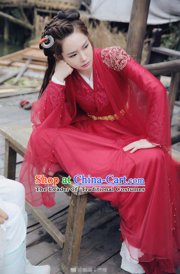 Traditional Chinese Ancient Ming Dynasty Swordswoman Costume, New Dragon Gate Inn Landlady Heroine Hanfu Embroidered Red Clothing and Handmade Headpiece Complete Set
