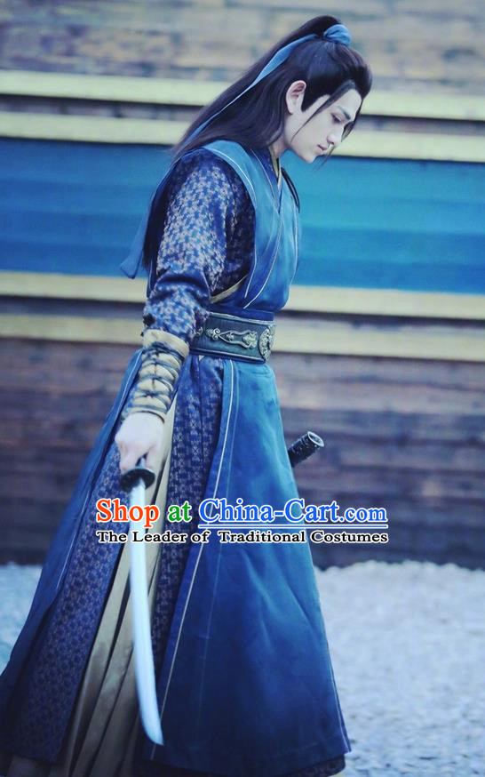 Traditional Chinese Ancient Ming Dynasty Swordsman Costumes and Handmade Headpiece Complete Set, New Dragon Gate Inn Knight Robe Clothing for Men