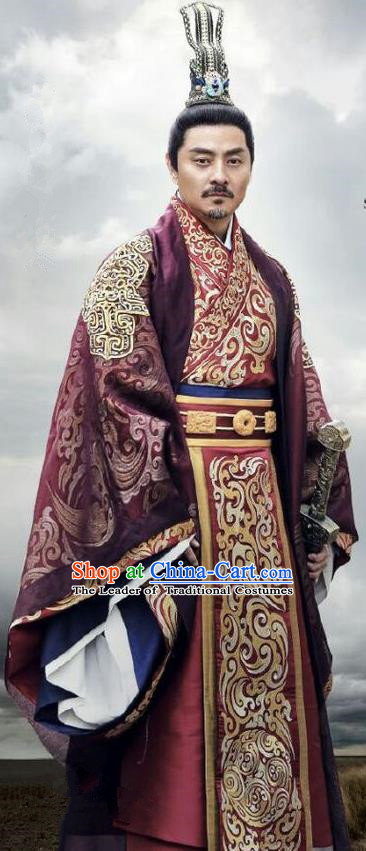 Traditional Chinese Ancient Warring States Time Imperial Magnate Male Costumes, Song of Phoenix Palace King Hanfu Clothing and Handmade Headpiece Complete Set