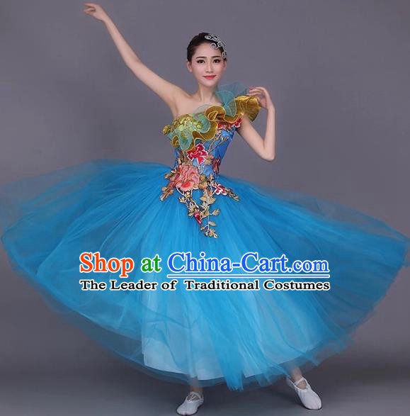 Top Grade Compere Professional Performance Costume, Chorus Formal Dress Modern Dance Blue Bubble Dress for Women