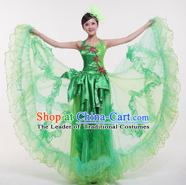 Top Grade Compere Professional Compere Costume, Chorus Dress Modern Opening Dance Big Swing Green Dress for Women