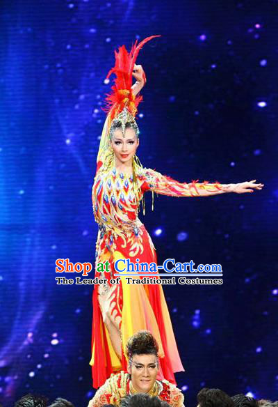 Traditional Chinese Nationality Dance Costume, Female Auspicious Bird Dance Dress, Chinese Minority Nationality Feather Clothing for Women