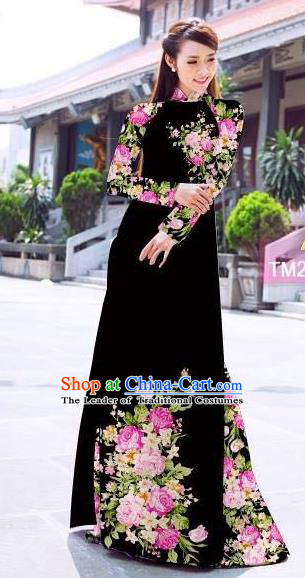 Traditional Top Grade Asian Vietnamese Ha Festival Printing Flowers Black Ao Dai Dress, Vietnam Women National Jing Nationality Princess Cheongsam Bride Costumes