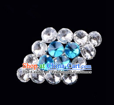 Chinese Ancient Peking Opera Jewelery Accessories, Traditional Chinese Beijing Opera Props Rhombus Brooch Ornaments Hua Tan Blue Rhinestone Breastpin