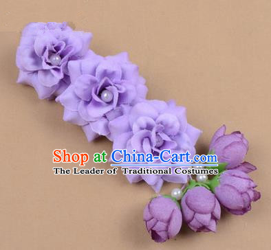 Chinese Ancient Peking Opera Purple Flowers Hair Accessories, Traditional Chinese Beijing Opera Props Head Ornaments Hua Tan Flocking Headwear Hairpins