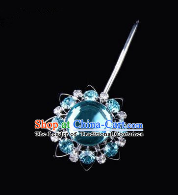 Chinese Ancient Peking Opera Pink Flowers Hair Accessories Headwear, Traditional Chinese Beijing Opera Props Head Ornaments Hua Tan Blue Crystal Bulb Hairpins