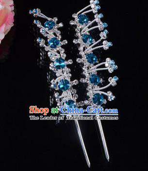 Chinese Ancient Peking Opera Pink Flowers Hair Accessories Young Lady Headwear, Traditional Chinese Beijing Opera Head Ornaments Hua Tan Blue Crystal Hairpins