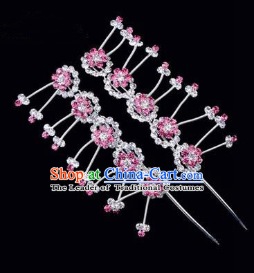 Chinese Ancient Peking Opera Hair Accessories Young Lady Headwear, Traditional Chinese Beijing Opera Head Ornaments Hua Tan Plum Blossom Pink Crystal Hairpins