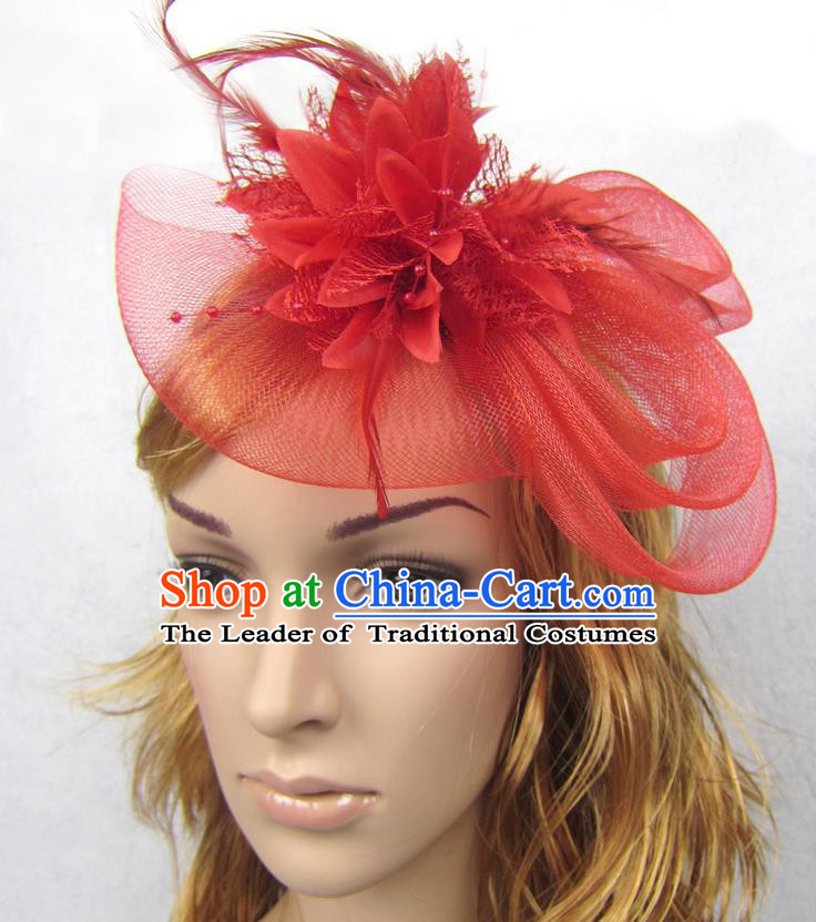 Top Modern Dance Hair Accessories Hair Clasp, Female Red Flower Veil Top Hat Ornament Headband for Women