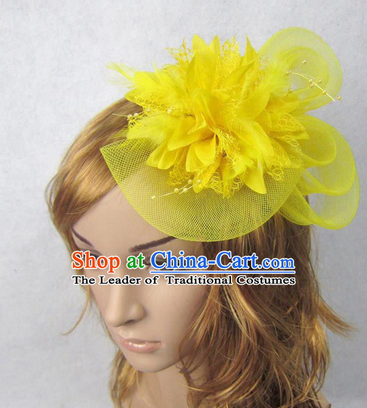 Top Modern Dance Hair Accessories Hair Clasp, Female Yellow Flower Veil Top Hat Ornament Headband for Women