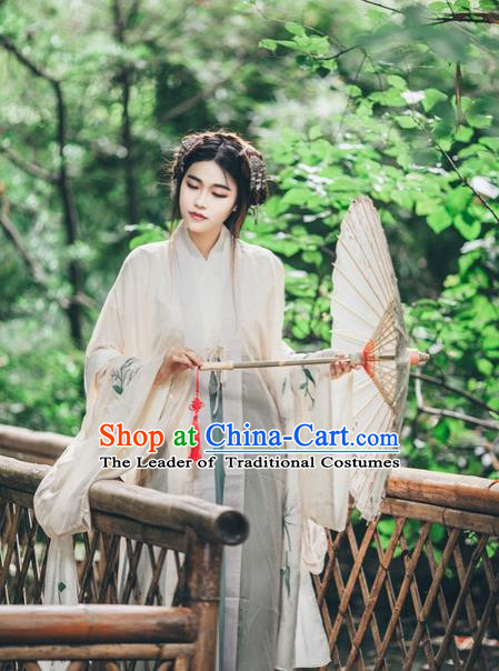 Traditional Chinese Ancient Female Costumes, China Hanfu Wide-sleeve Cardigan Blouse and Dress Complete Set, Embroidered Flower Wearing for Women