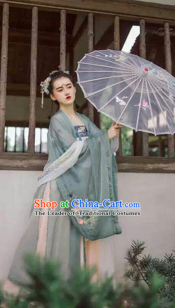 Traditional Chinese Ancient Female Costumes, China Hanfu Wide-sleeve Embroidered Cardigan Blouse and Dress Complete Set, China Tang Dynasty Wearing for Women