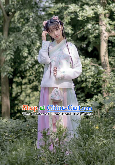 Traditional Chinese Ancient Ming Dynasty Young Lady Costumes, China Princess Hanfu Embroidered Slant Opening Blouse and Ru Skirt Complete Set for Women