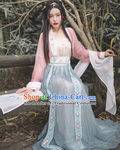 Traditional Chinese Ancient Tang Dynasty Young Lady Costumes, China Princess Hanfu Embroidered Suspenders Blouse and Ru Skirt Complete Set for Women