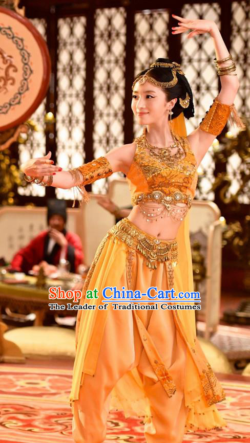 Chinese Ancient Tang Dynasty Palace Lady Qiuci Dance Costume and Headpiece Complete Set, Traditional Chinese Ancient Peri Flying Dance Dress Clothing for Women