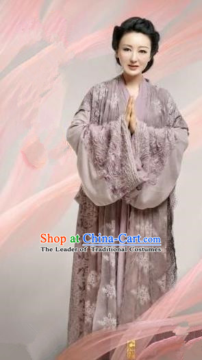 Chinese Ancient Tang Dynasty Lady Boutique Costume and Headpiece Complete Set, Traditional Chinese Ancient Lay Buddhist Dress for Women
