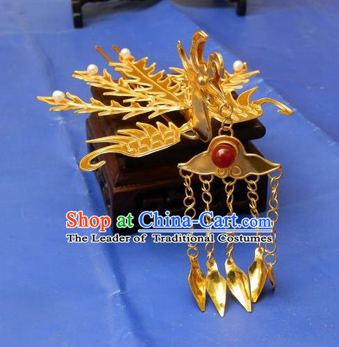 Traditional Handmade Chinese Ancient Classical Hair Accessories Barrettes Phoenix Hairpins, Palace Princess Tassel Golden Step Shake Hair Claws for Women