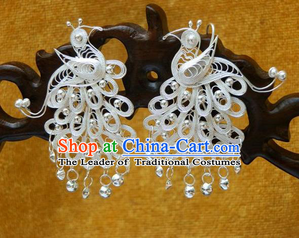 Traditional Handmade Chinese Ancient Classical Earrings Accessories Pure Sliver Tassel Peacock Eardrop for Women