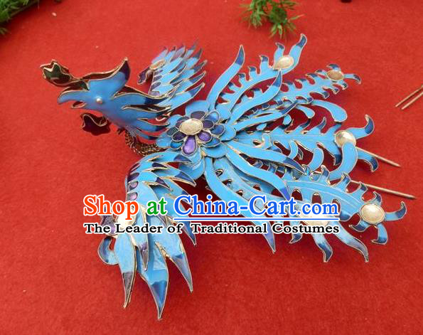 Traditional Handmade Chinese Ancient Classical Hair Accessories Headwear Barrettes Hanfu Hairpins, Ming Dynasty Imperial Blueing Phoenix Crown Step Shake Hair Clasps Hair Jewellery for Women