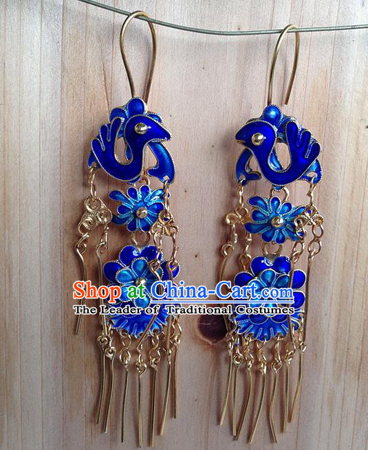 Traditional Handmade Chinese Ancient Classical Jewellery Accessories Blueing Earrings, Ming Dynasty Wedding Gilding Tassel Eardrop for Women