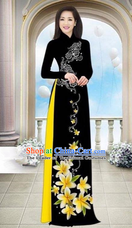 Top Grade Asian Vietnamese Traditional Dress, Vietnam Bride Ao Dai Dress Wedding Black Printing Cheongsam Clothing for Women